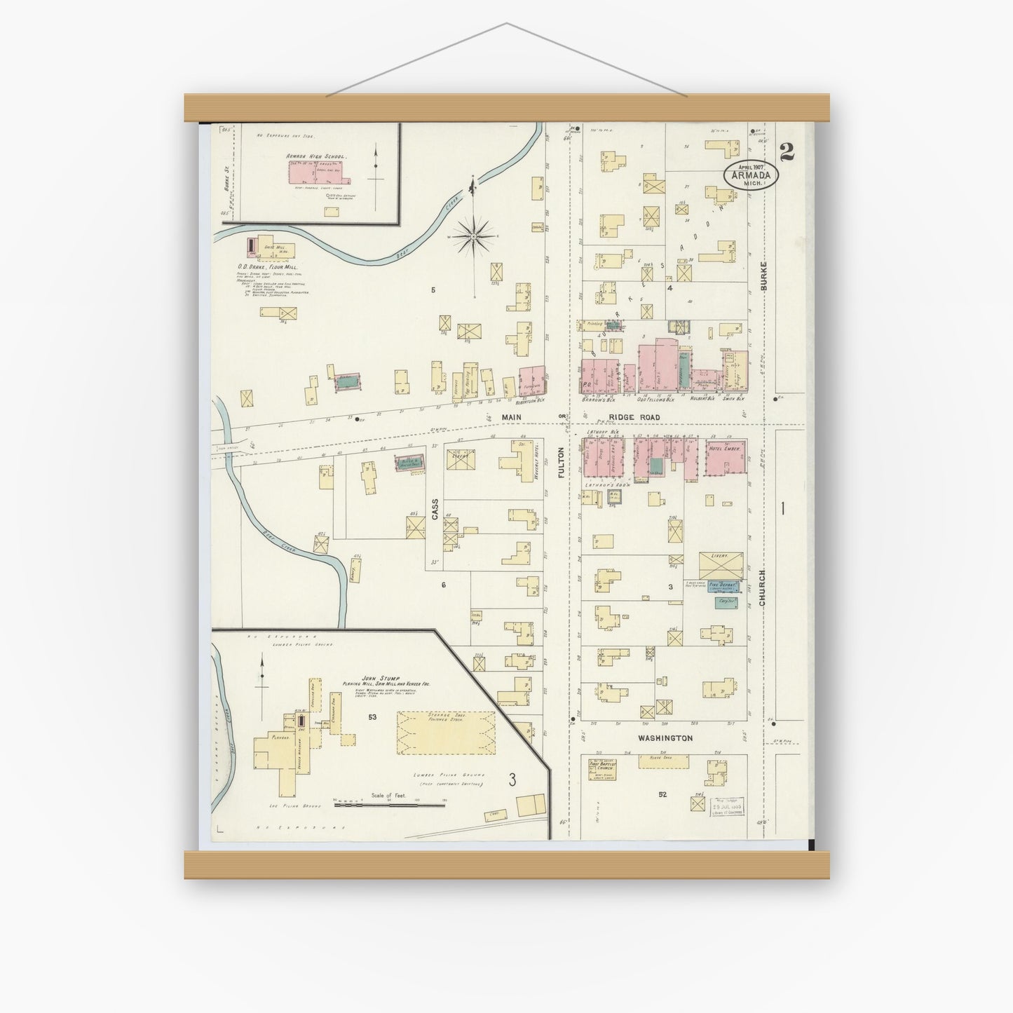 Old map wall art mockup — magnetic wood frame on white wall — Sanborn Fire Insurance Map from Armada, Macomb County, Michigan (1907), Sheet #0002