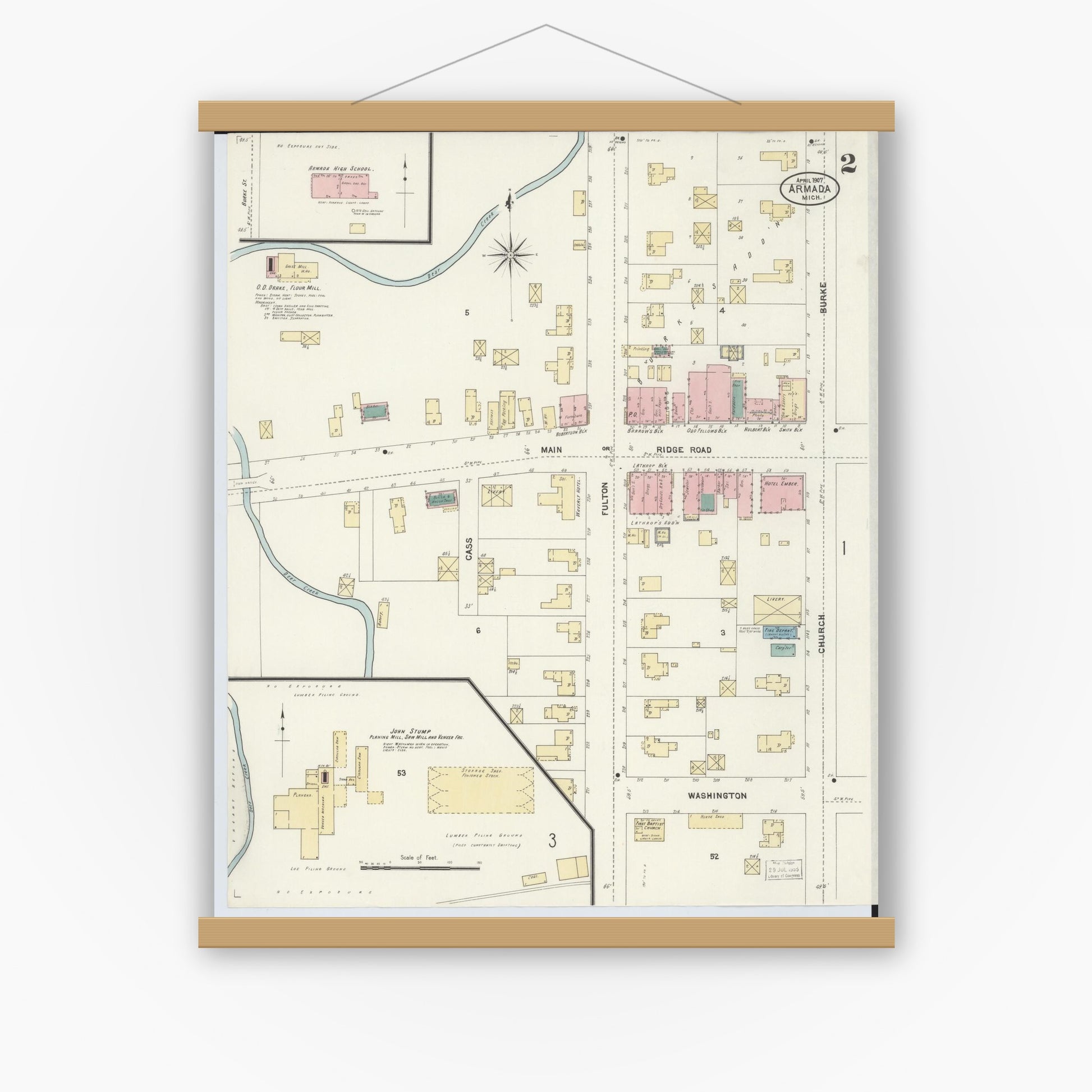 Old map wall art mockup — magnetic wood frame on white wall — Sanborn Fire Insurance Map from Armada, Macomb County, Michigan (1907), Sheet #0002