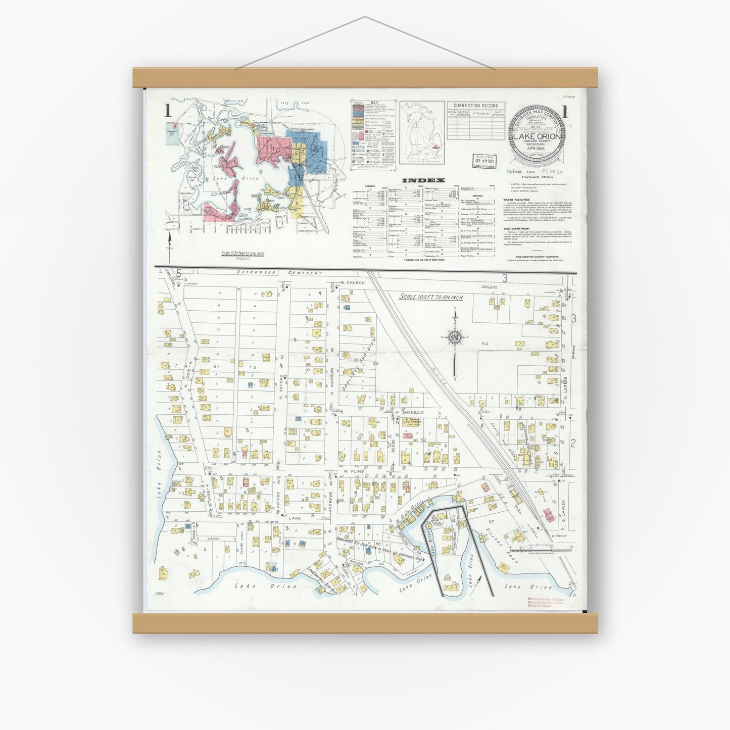 Old map wall art mockup — magnetic wood frame on white wall — Sanborn Fire Insurance Map from Lake Orion, Oakland County, Michigan (1934) - Complete Map Set