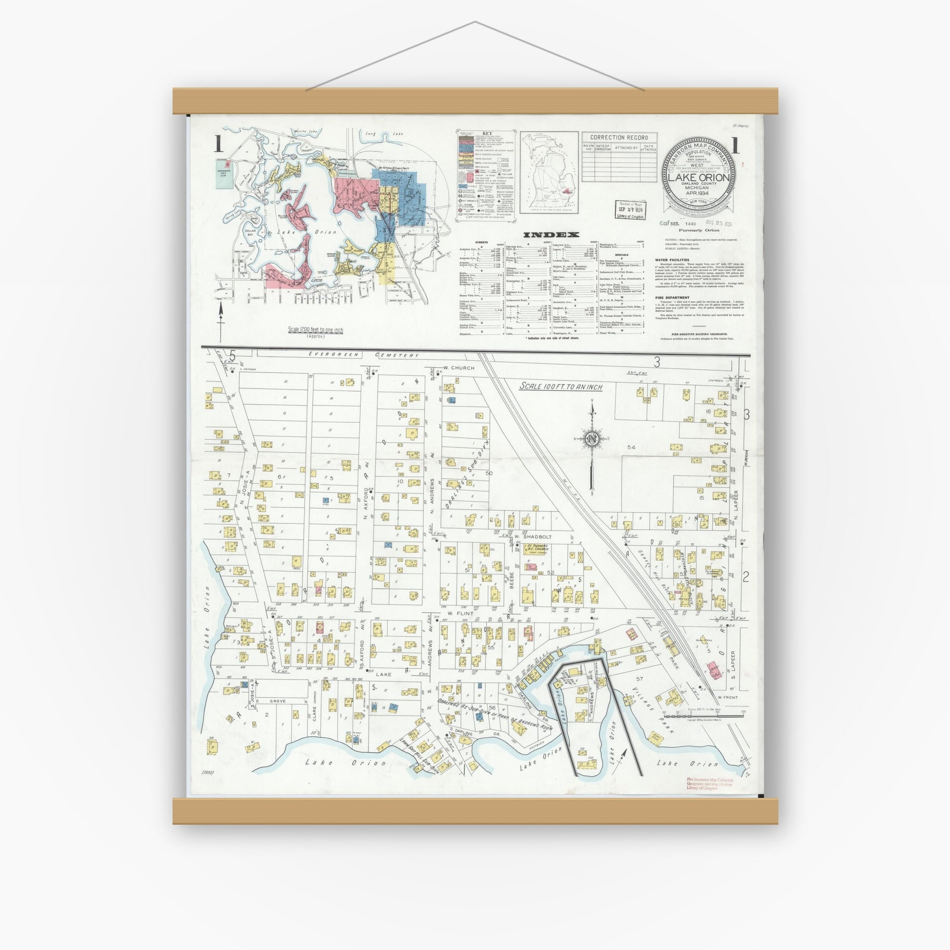 Old map wall art mockup — magnetic wood frame on white wall — Sanborn Fire Insurance Map from Lake Orion, Oakland County, Michigan (1934) - Complete Map Set