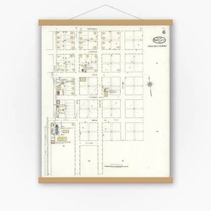 Old map wall art mockup — magnetic wood frame on white wall — Sanborn Fire Insurance Map from Bartlett, Bell and Williamson Counties, Texas (1921), Sheet #0006