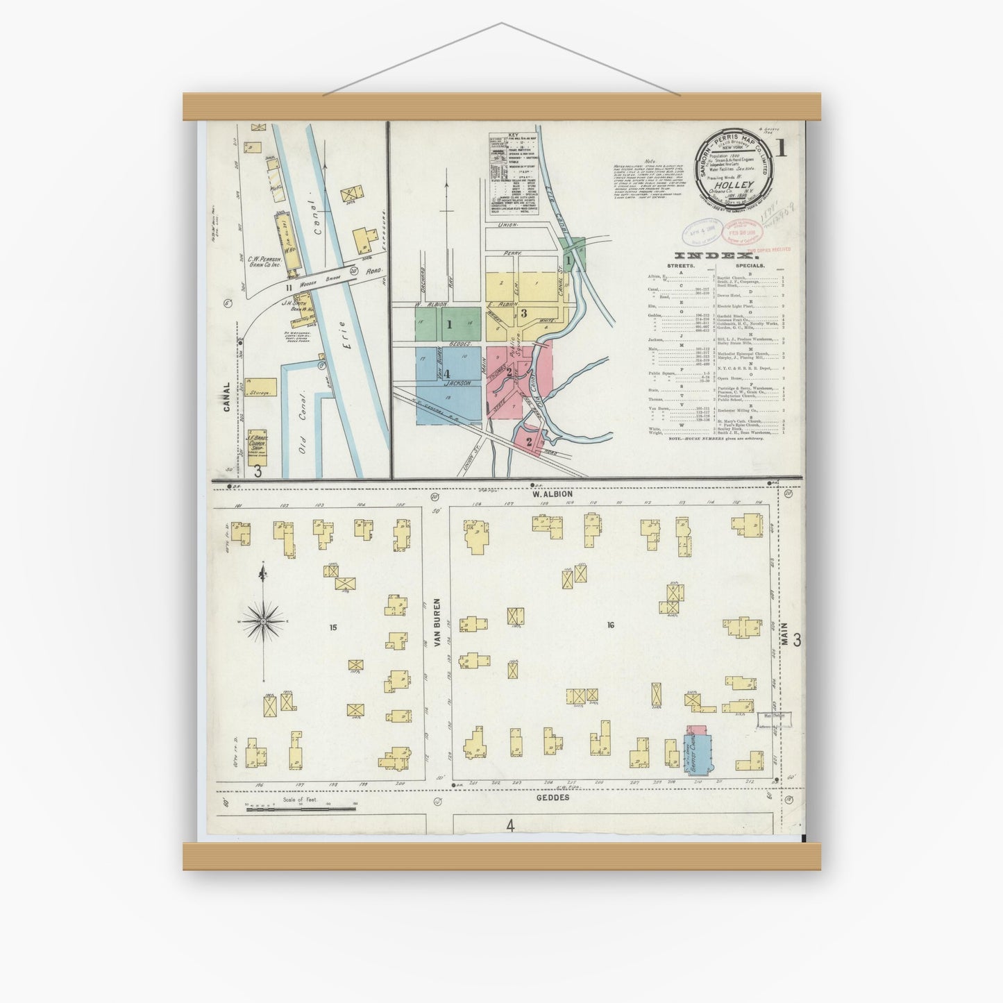 Old map wall art mockup — magnetic wood frame on white wall — Sanborn Fire Insurance Map from Holley, Orleans County, New York (1898) - Complete Map Set