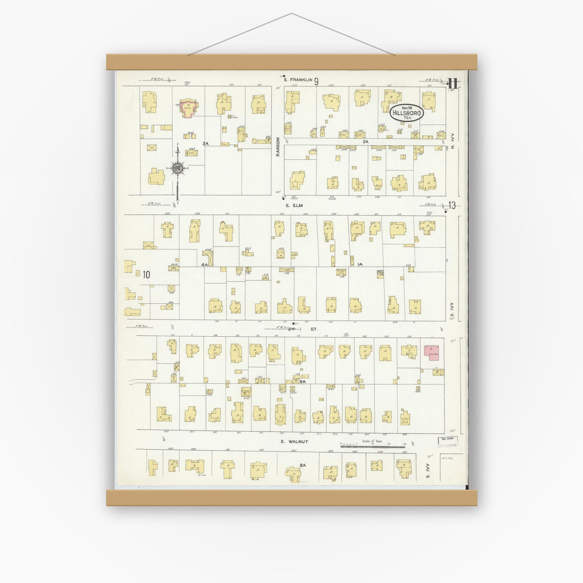 Old map wall art mockup — magnetic wood frame on white wall — Sanborn Fire Insurance Map from Hillsboro, Hill County, Texas (1911), Sheet #0011