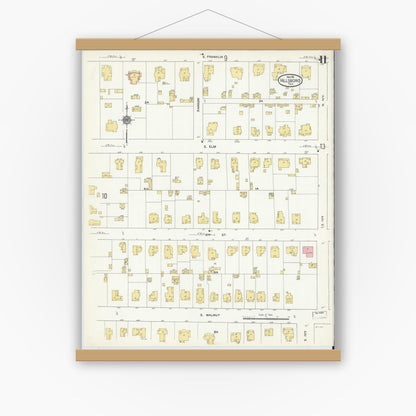 Old map wall art mockup — magnetic wood frame on white wall — Sanborn Fire Insurance Map from Hillsboro, Hill County, Texas (1911), Sheet #0011