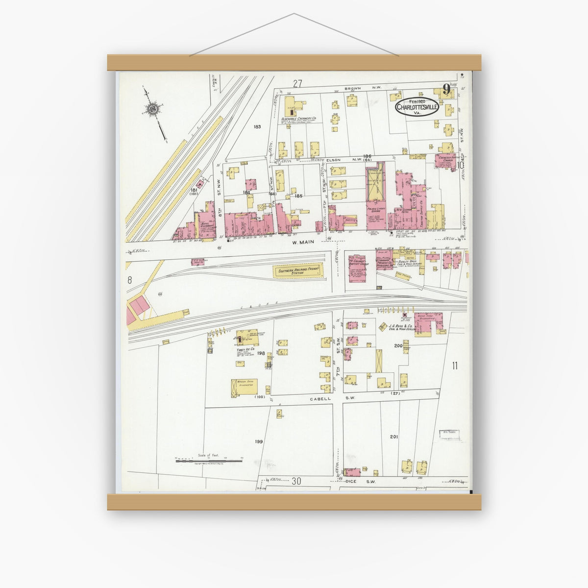 Old map wall art mockup — magnetic wood frame on white wall — Sanborn Fire Insurance Map from Charlottesville, Independent Cities, Virginia (1920), Sheet #0009
