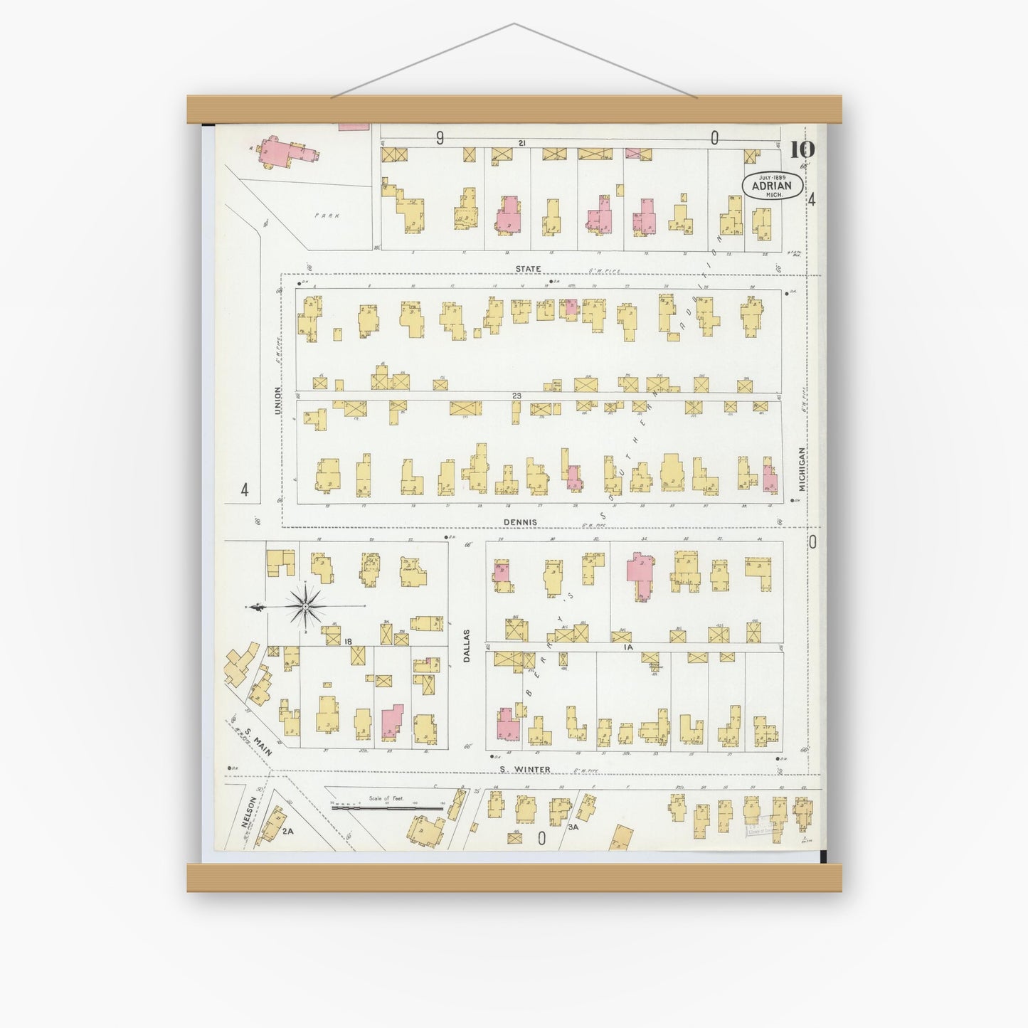 Old map wall art mockup — magnetic wood frame on white wall — Sanborn Fire Insurance Map from Adrian, Lenawee County, Michigan (1899), Sheet #0010