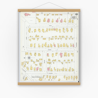 Old map wall art mockup — magnetic wood frame on white wall — Sanborn Fire Insurance Map from Adrian, Lenawee County, Michigan (1899), Sheet #0010