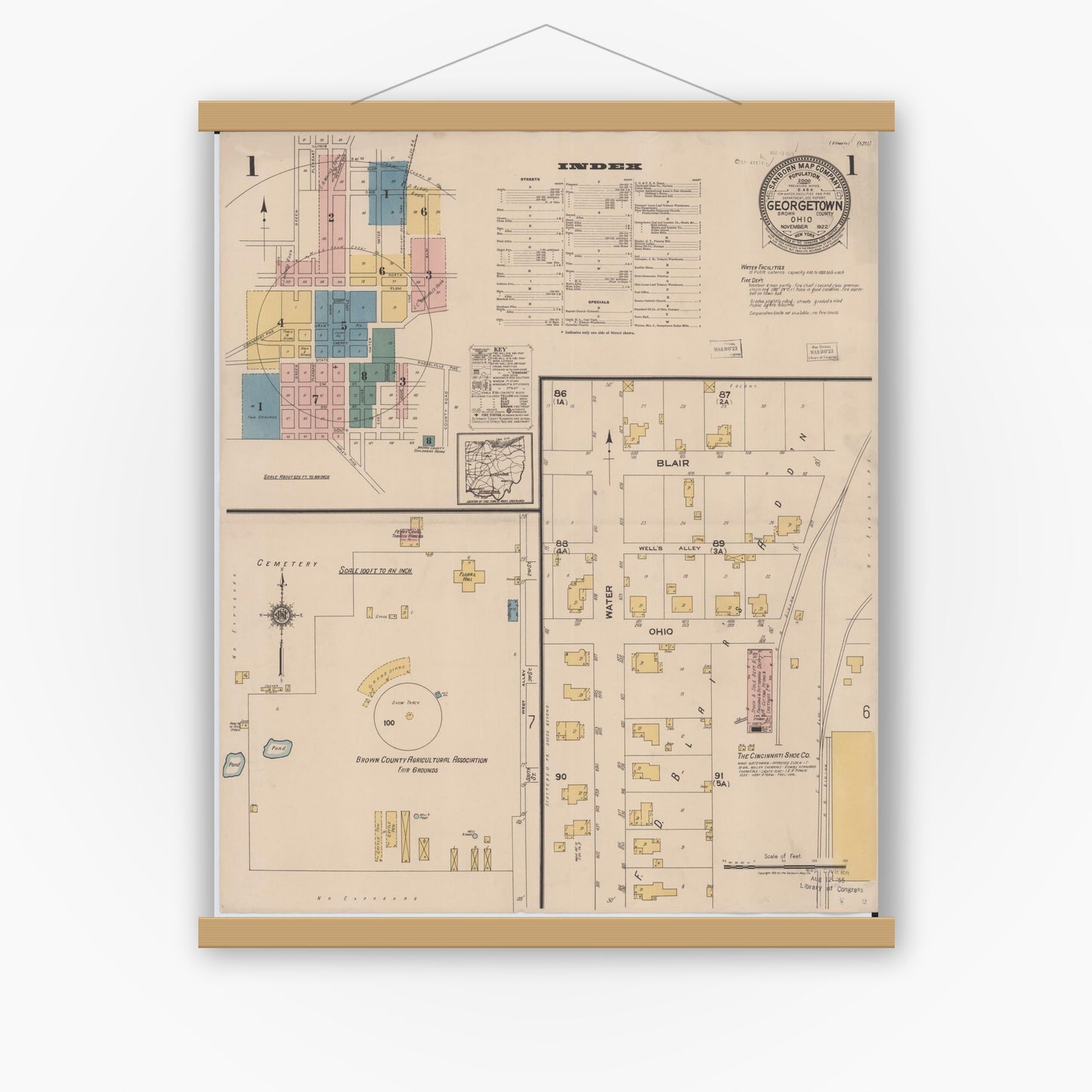 Old map wall art mockup — magnetic wood frame on white wall — Sanborn Fire Insurance Map from Georgetown, Brown County, Ohio (1922), Sheet #0001
