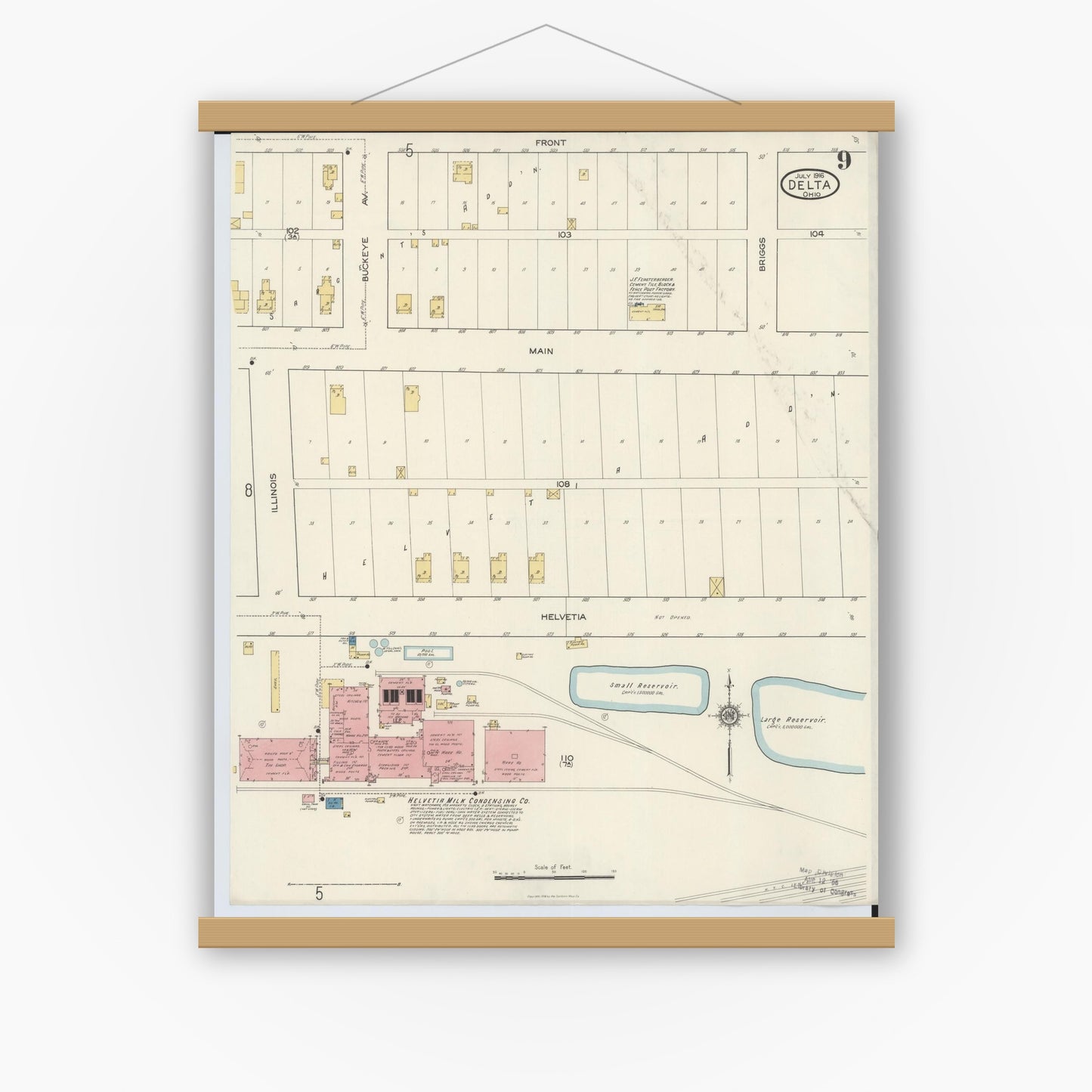 Old map wall art mockup — magnetic wood frame on white wall — Sanborn Fire Insurance Map from Delta, Fulton County, Ohio (1916), Sheet #0009