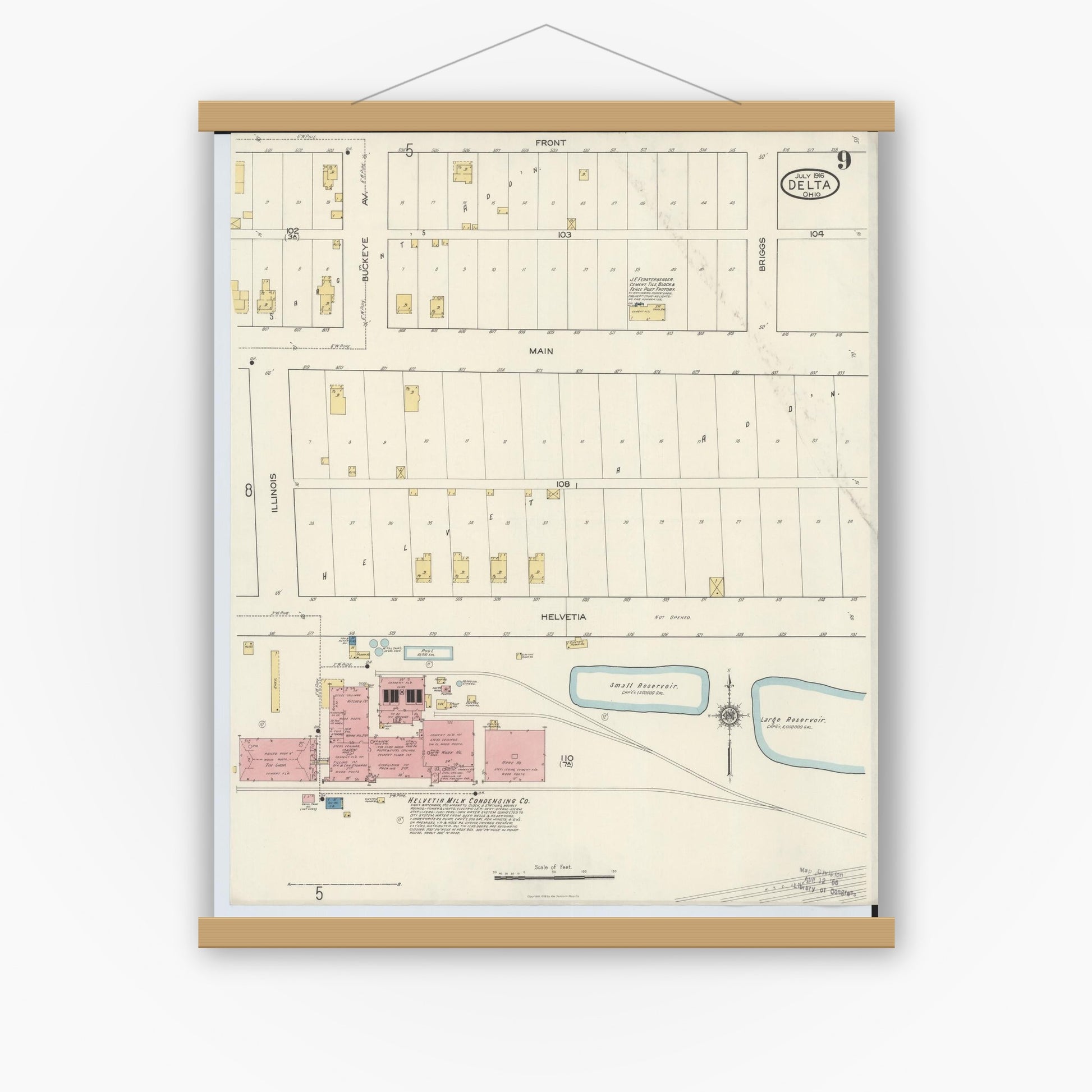 Old map wall art mockup — magnetic wood frame on white wall — Sanborn Fire Insurance Map from Delta, Fulton County, Ohio (1916), Sheet #0009