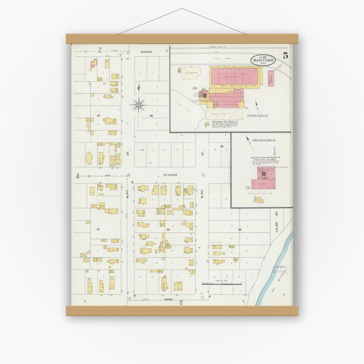 Old map wall art mockup — magnetic wood frame on white wall — Sanborn Fire Insurance Map from Manitowoc, Manitowoc County, Wisconsin (1906), Sheet #0005