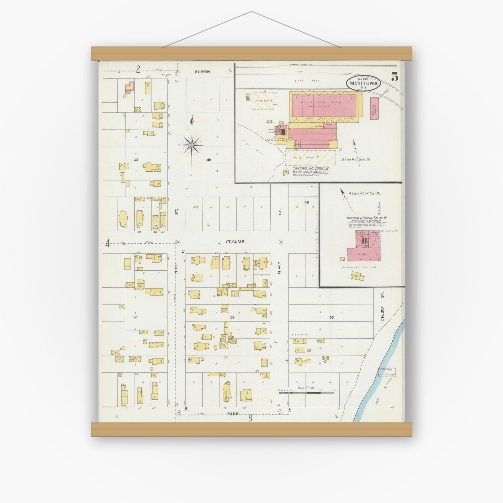 Old map wall art mockup — magnetic wood frame on white wall — Sanborn Fire Insurance Map from Manitowoc, Manitowoc County, Wisconsin (1906), Sheet #0005