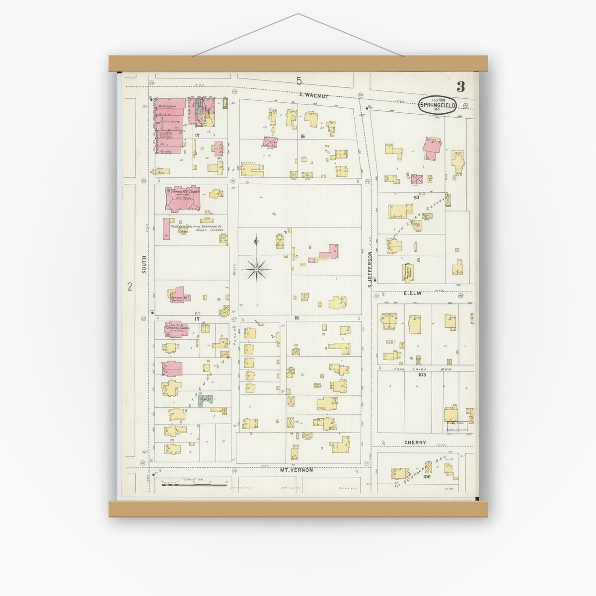 Old map wall art mockup — magnetic wood frame on white wall — Sanborn Fire Insurance Map from Springfield, Greene County, Missouri (1896), Sheet #0003