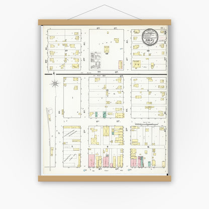 Old map wall art mockup — magnetic wood frame on white wall — Sanborn Fire Insurance Map from Sibley, Osceola County, Iowa (1892), Sheet #0001