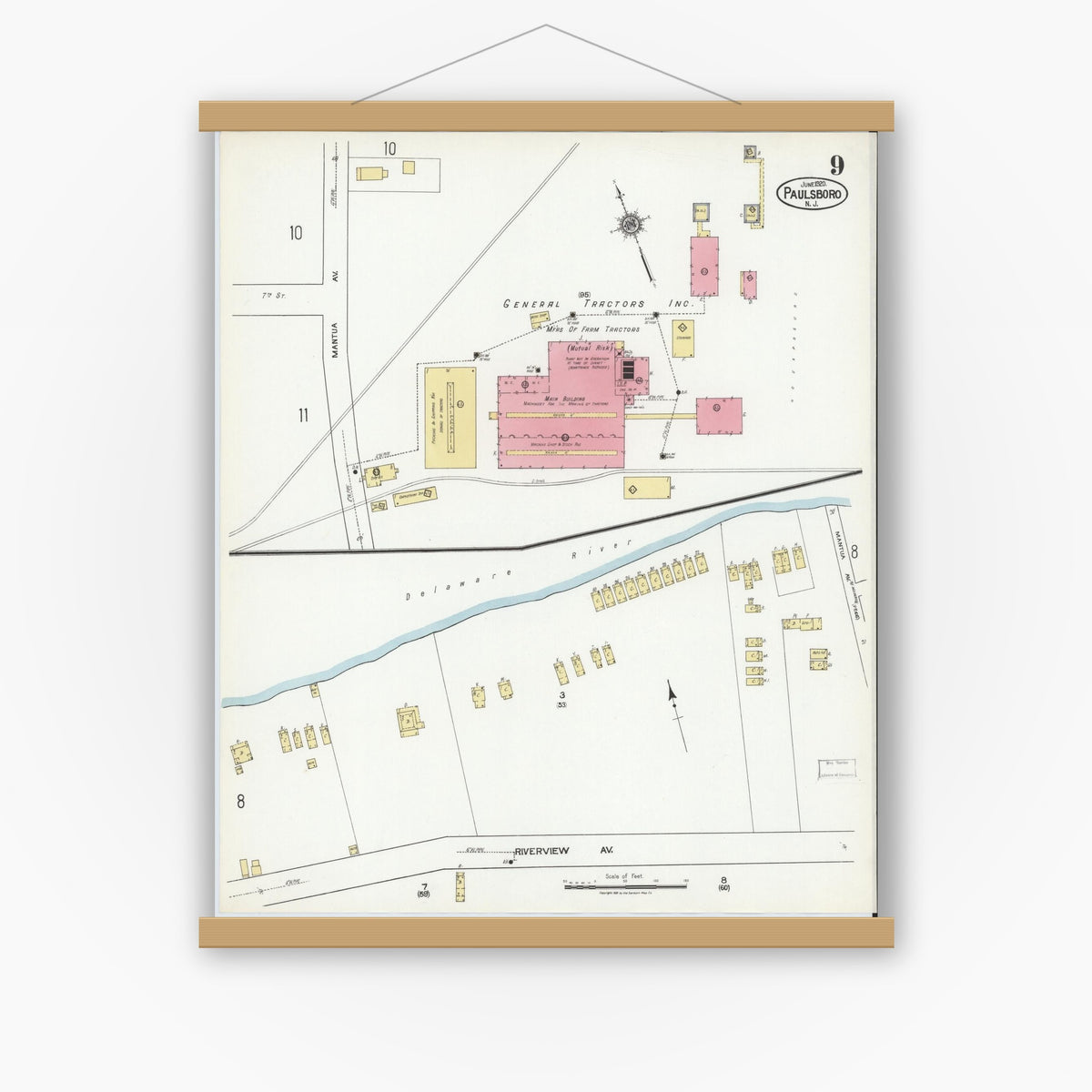 Old map wall art mockup — magnetic wood frame on white wall — Sanborn Fire Insurance Map from Paulsboro, Gloucester County, New Jersey (1920), Sheet #0009