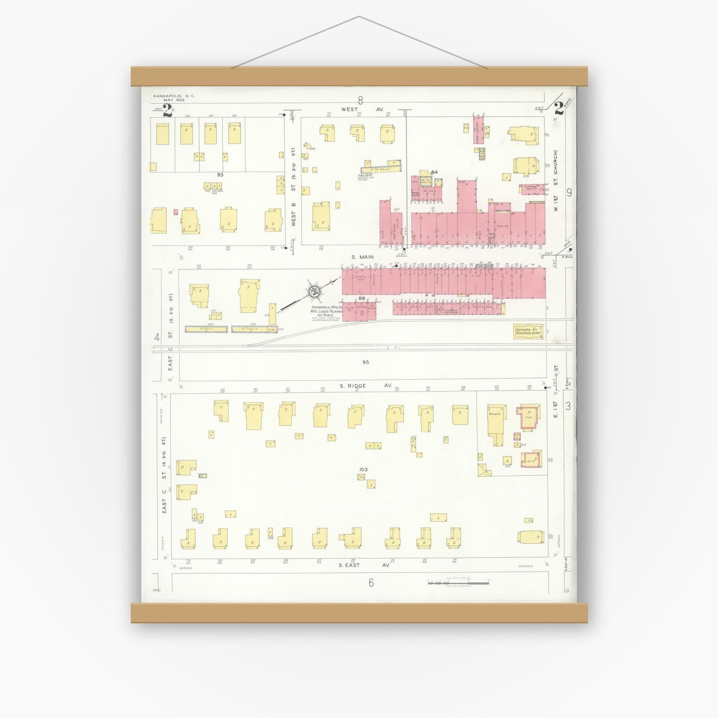Old map wall art mockup — magnetic wood frame on white wall — Sanborn Fire Insurance Map from Kannapolis, Rowan And Cabarrus Counties, North Carolina (1932), Sheet #0002