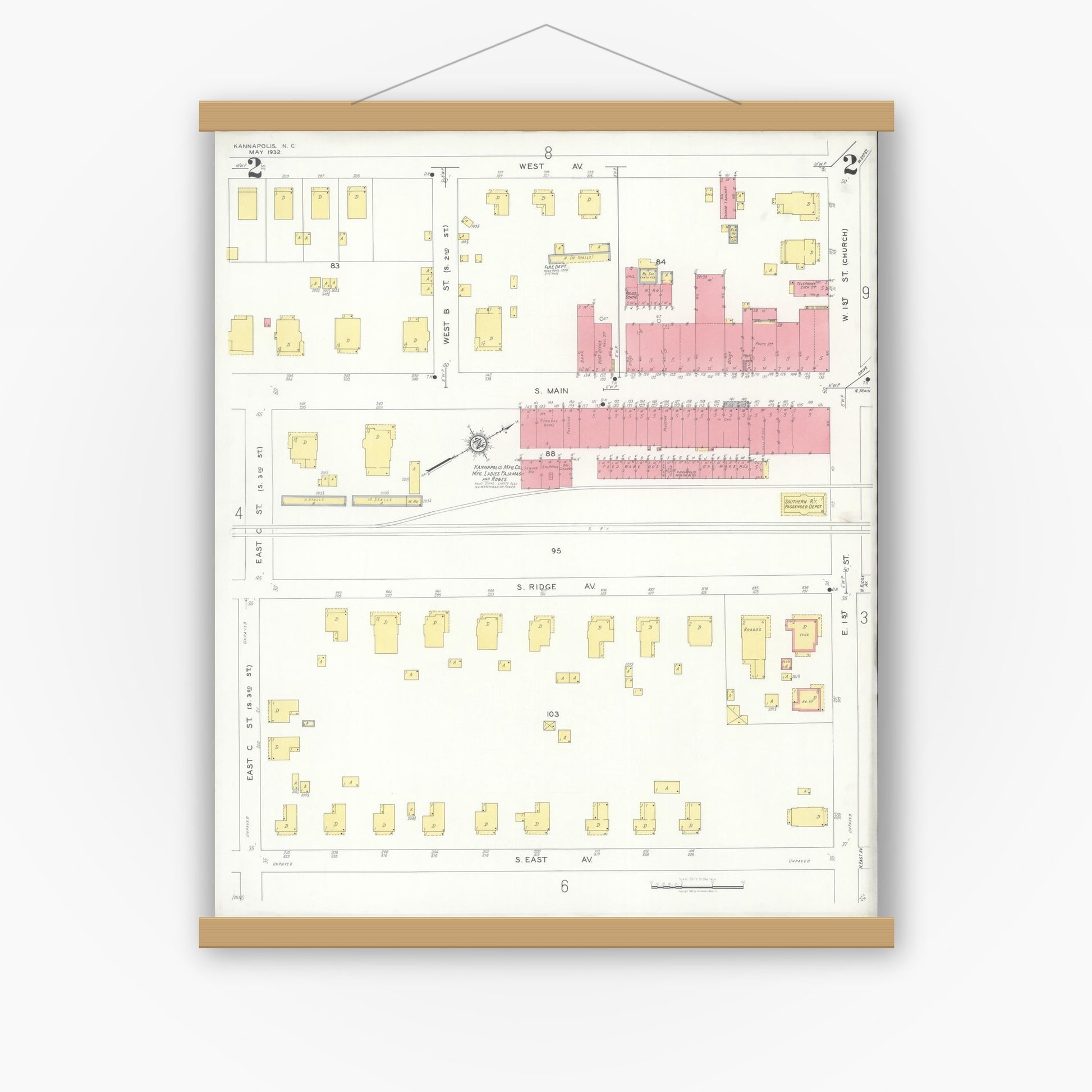 Old map wall art mockup — magnetic wood frame on white wall — Sanborn Fire Insurance Map from Kannapolis, Rowan And Cabarrus Counties, North Carolina (1932), Sheet #0002