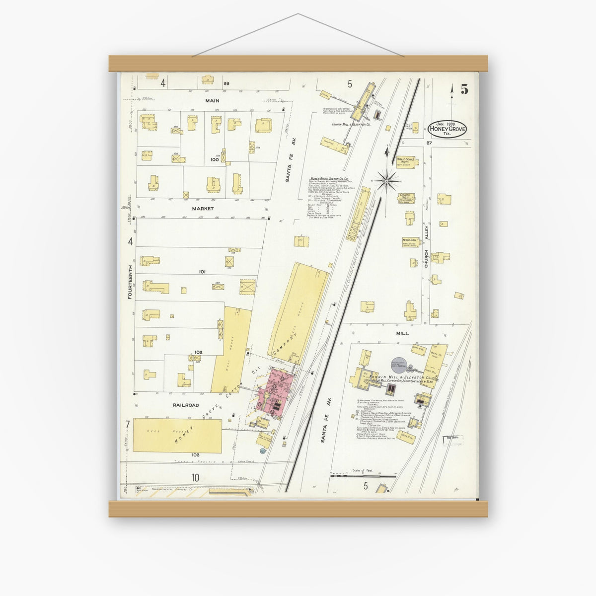 Old map wall art mockup — magnetic wood frame on white wall — Sanborn Fire Insurance Map from Honey Grove, Fannin County, Texas (1909), Sheet #0005