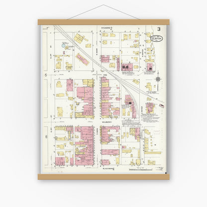 Old map wall art mockup — magnetic wood frame on white wall — Sanborn Fire Insurance Map from Clinton, Vermillion County, Indiana (1910), Sheet #0003