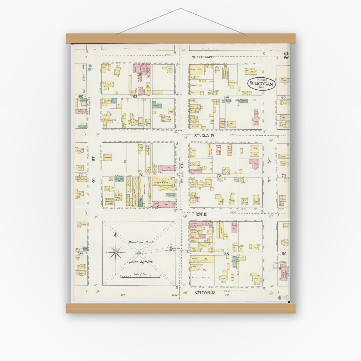 Old map wall art mockup — magnetic wood frame on white wall — Sanborn Fire Insurance Map from Sheboygan, Sheboygan County, Wisconsin (1887), Sheet #0002