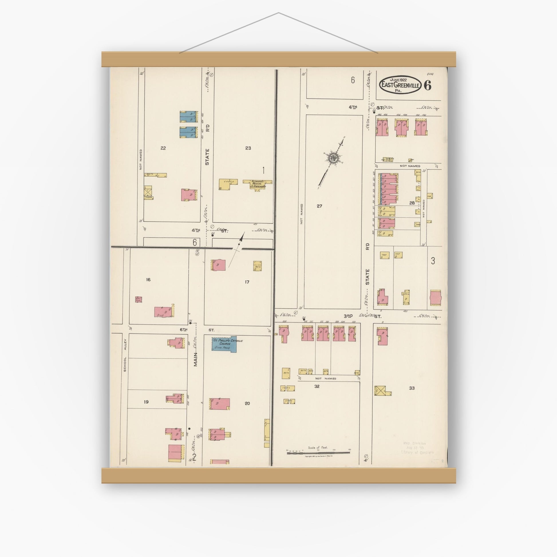 Old map wall art mockup — magnetic wood frame on white wall — Sanborn Fire Insurance Map from East Greenville, Montgomery County, Pennsylvania (1922), Sheet #0006