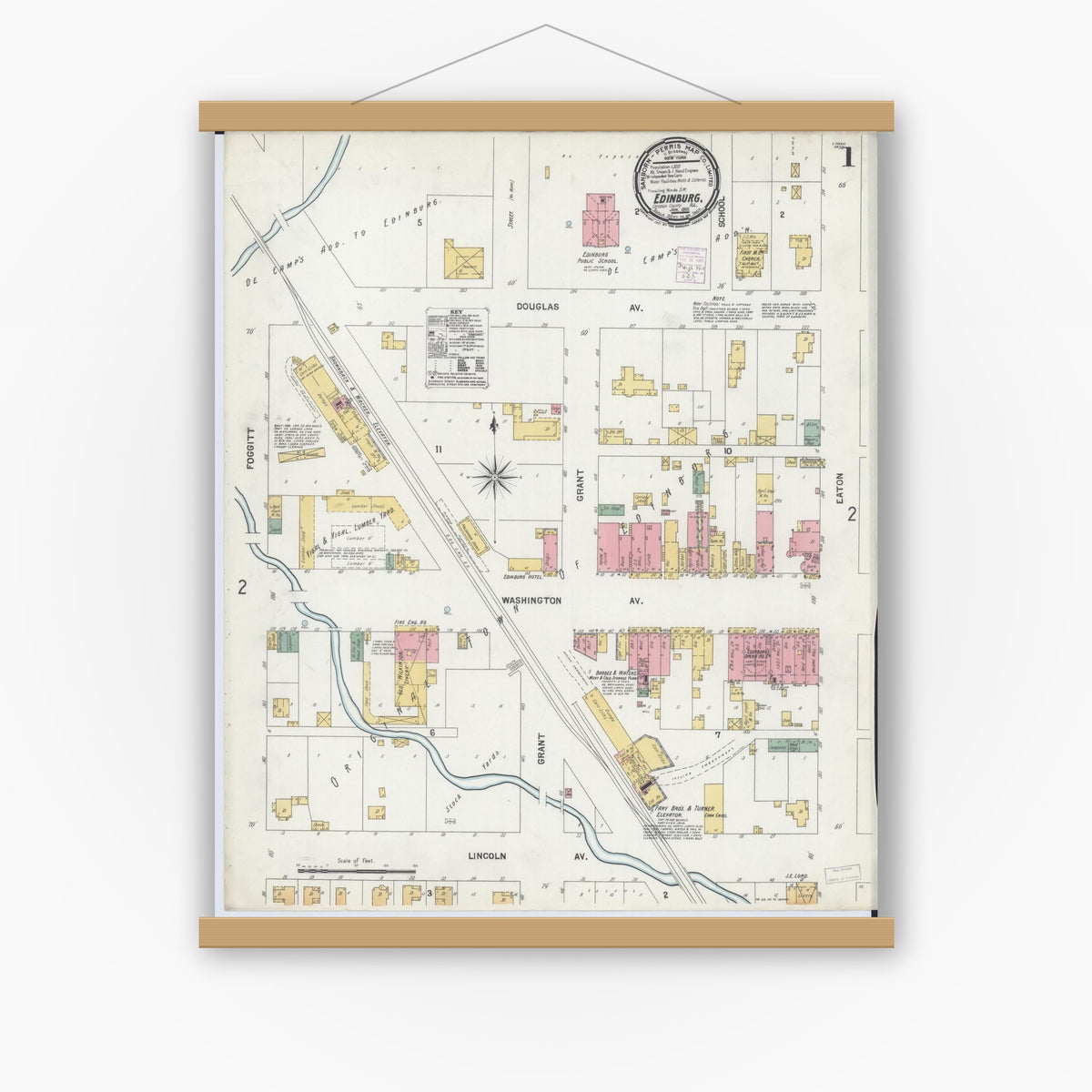 Old map wall art mockup — magnetic wood frame on white wall — Sanborn Fire Insurance Map from Edinburgh, Christian County, Illinois (1901) - Complete Map Set
