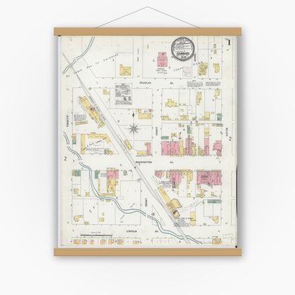 Old map wall art mockup — magnetic wood frame on white wall — Sanborn Fire Insurance Map from Edinburgh, Christian County, Illinois (1901) - Complete Map Set