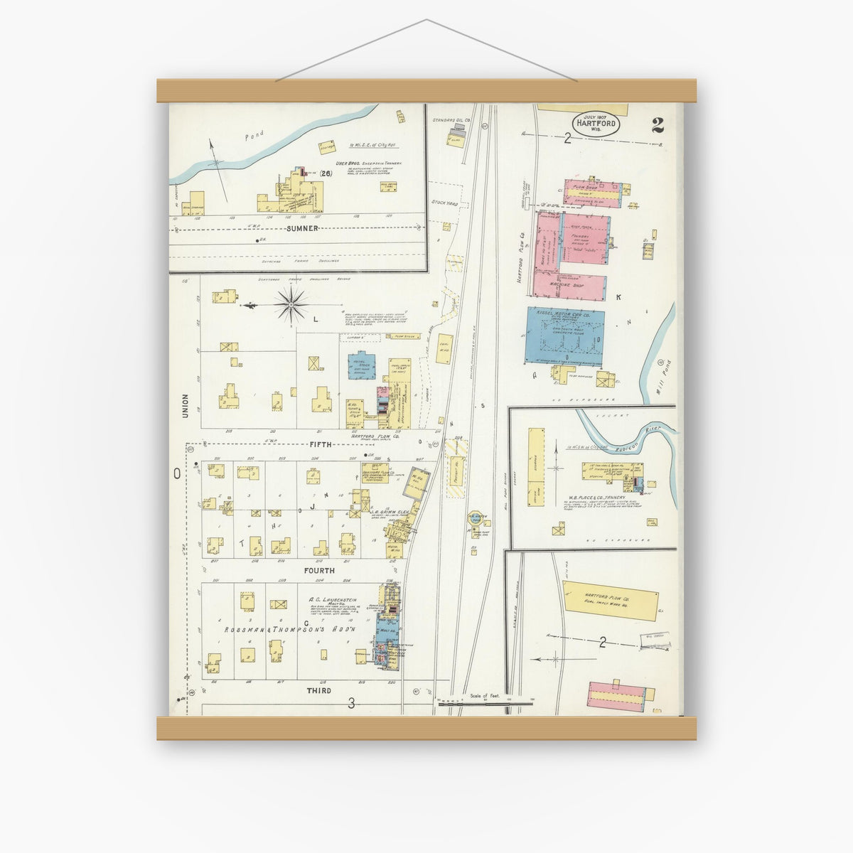 Old map wall art mockup — magnetic wood frame on white wall — Sanborn Fire Insurance Map from Hartford, Washington County, Wisconsin (1907), Sheet #0002