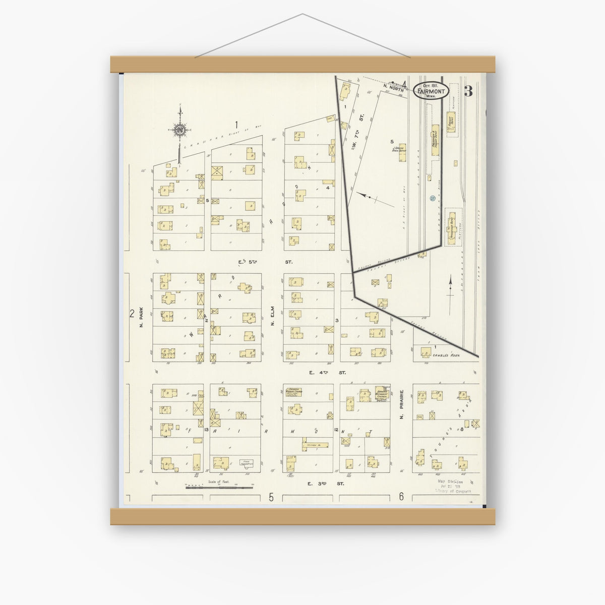 Old map wall art mockup — magnetic wood frame on white wall — Sanborn Fire Insurance Map from Fairmont, Martin County, Minnesota (1911), Sheet #0003