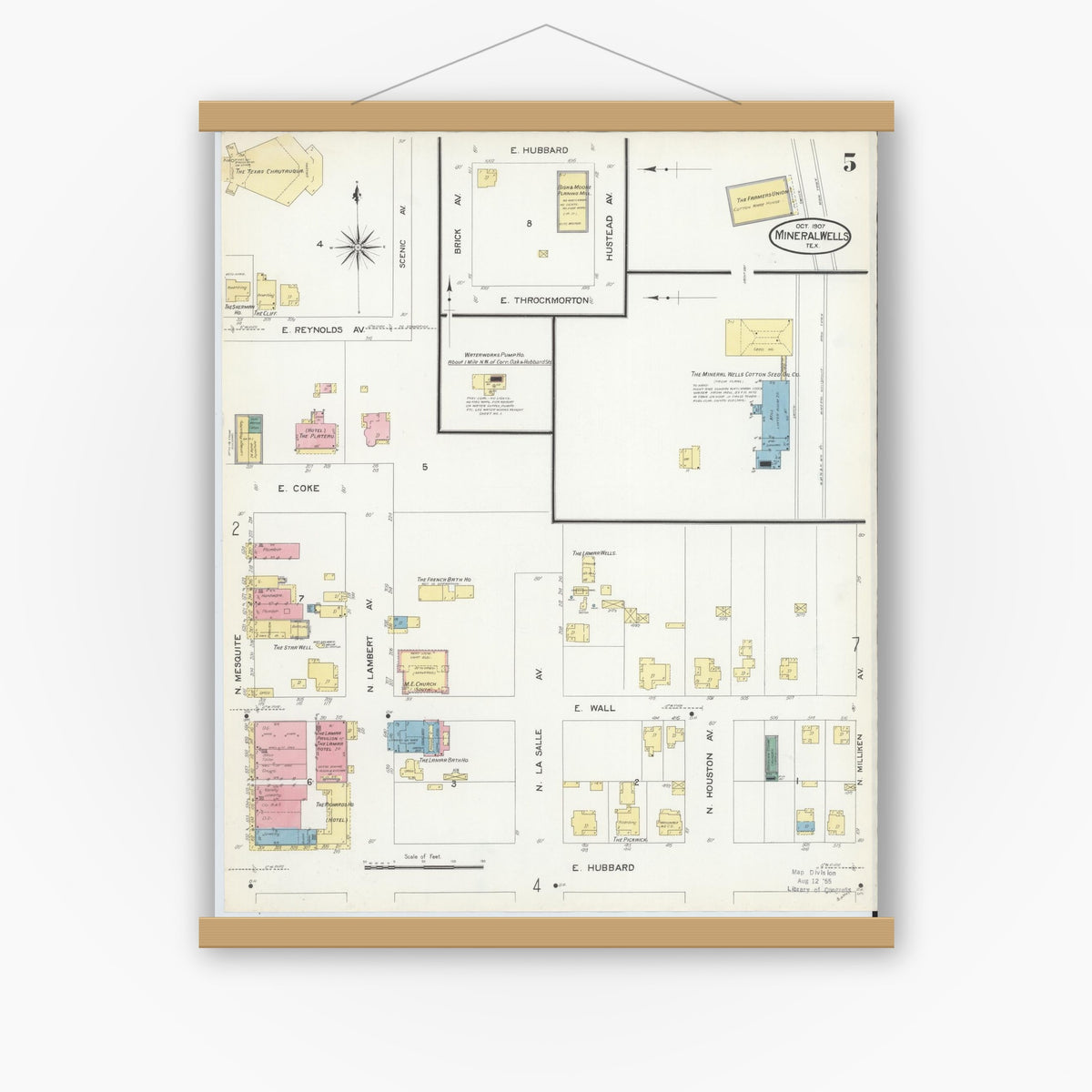 Old map wall art mockup — magnetic wood frame on white wall — Sanborn Fire Insurance Map from Mineral Wells, Palo Pinto County, Texas (1907), Sheet #0005
