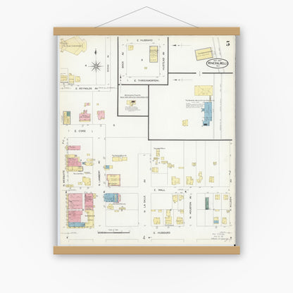 Old map wall art mockup — magnetic wood frame on white wall — Sanborn Fire Insurance Map from Mineral Wells, Palo Pinto County, Texas (1907), Sheet #0005