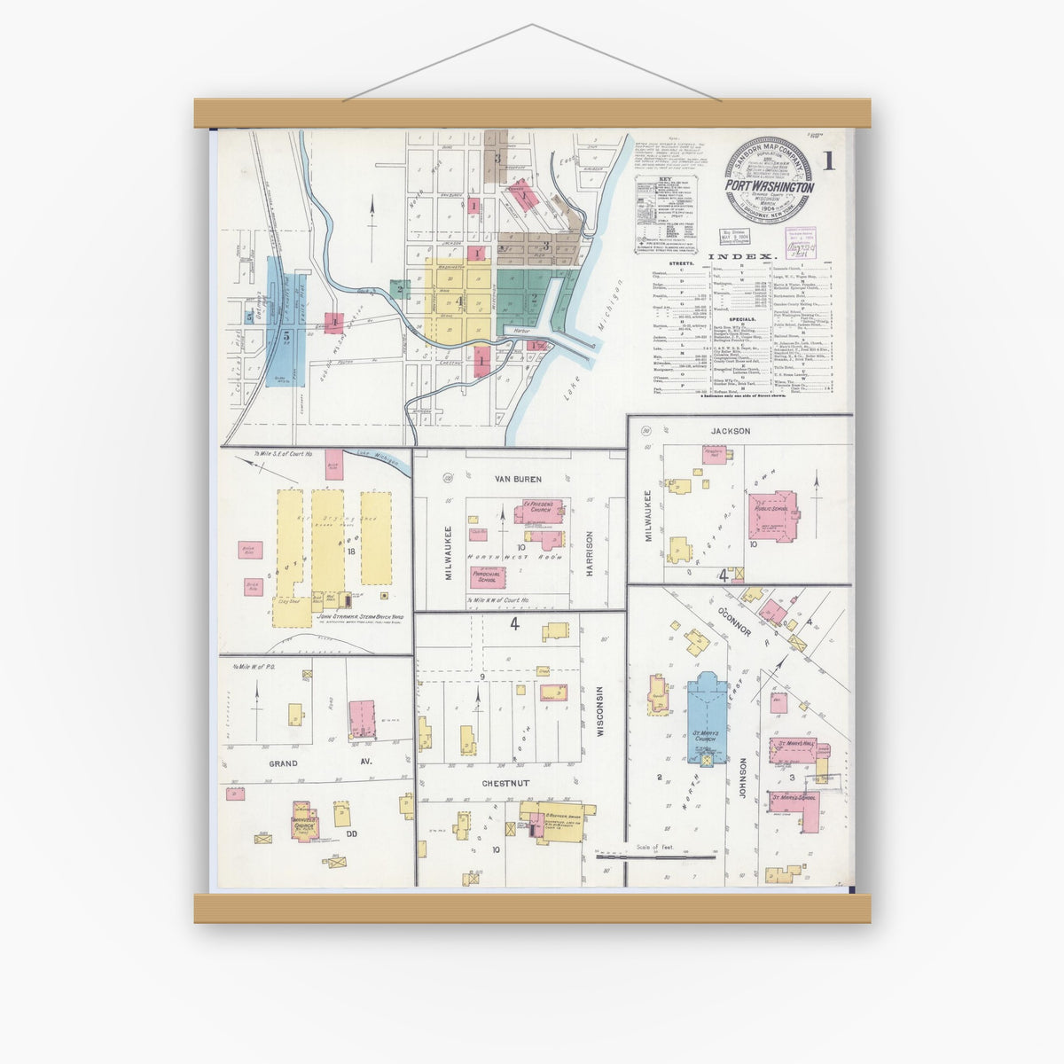 Old map wall art mockup — magnetic wood frame on white wall — Sanborn Fire Insurance Map from Port Washington, Ozaukee County, Wisconsin (1904) - Complete Map Set