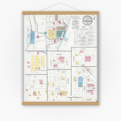 Old map wall art mockup — magnetic wood frame on white wall — Sanborn Fire Insurance Map from Port Washington, Ozaukee County, Wisconsin (1904) - Complete Map Set