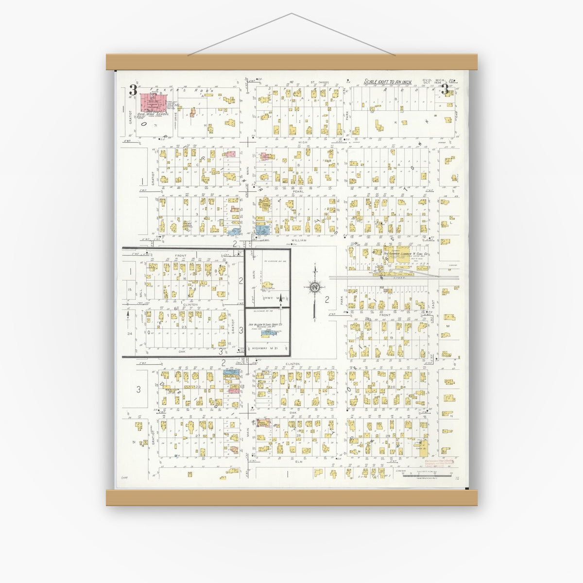 Old map wall art mockup — magnetic wood frame on white wall — Sanborn Fire Insurance Map from Ovid, Clinton County, Michigan (1934), Sheet #0003