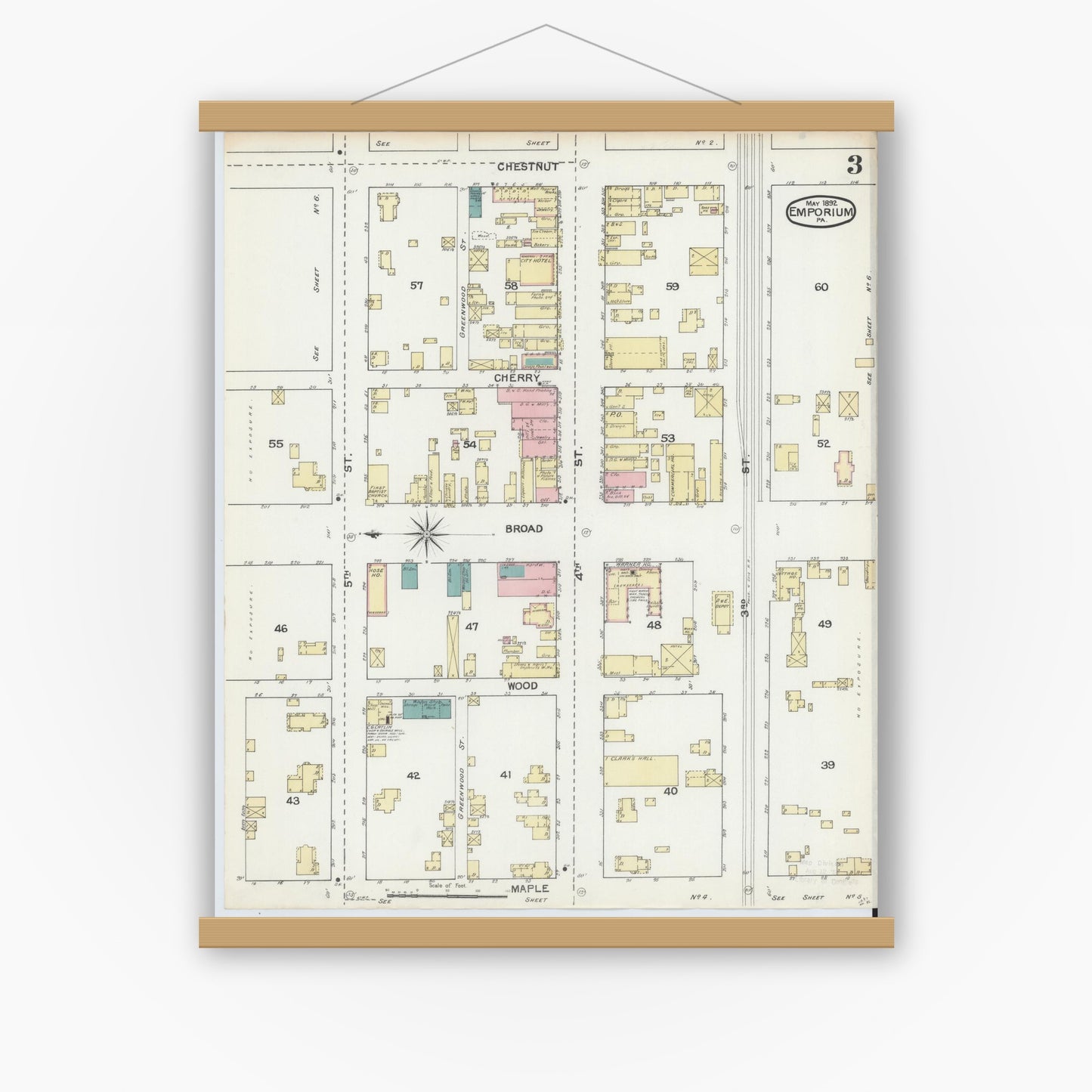 Old map wall art mockup — magnetic wood frame on white wall — Sanborn Fire Insurance Map from Emporium, Cameron County, Pennsylvania (1892), Sheet #0003