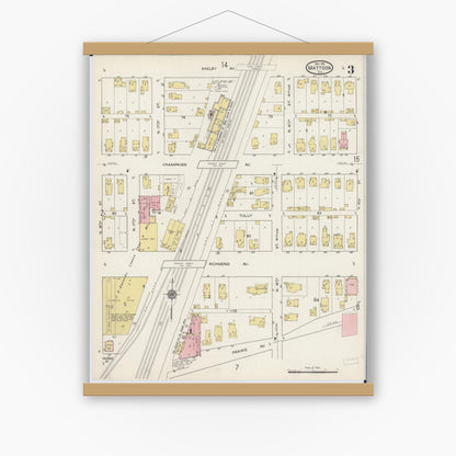Old map wall art mockup — magnetic wood frame on white wall — Sanborn Fire Insurance Map from Mattoon, Coles County, Illinois (1915), Sheet #0003
