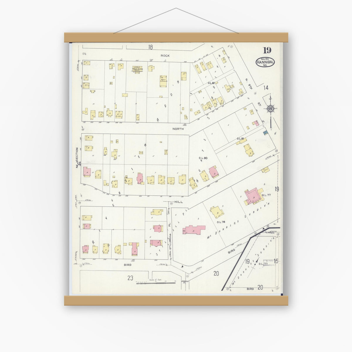 Old map wall art mockup — magnetic wood frame on white wall — Sanborn Fire Insurance Map from Hannibal, Marion County, Missouri (1913), Sheet #0019