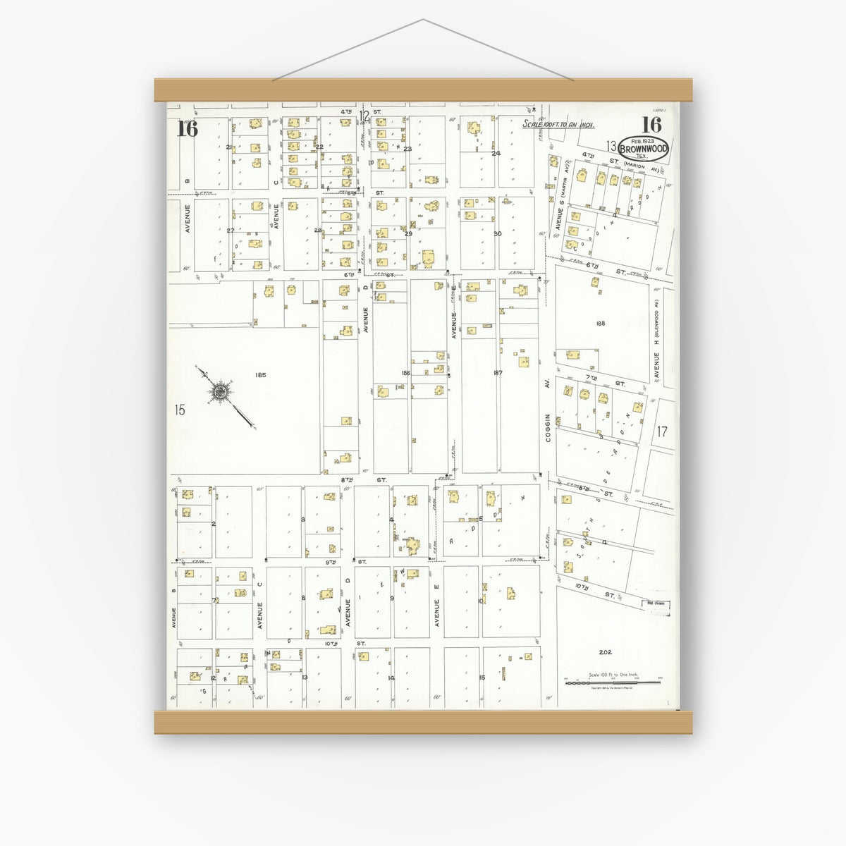 Old map wall art mockup — magnetic wood frame on white wall — Sanborn Fire Insurance Map from Brownwood, Brown County, Texas (1923), Sheet #0016