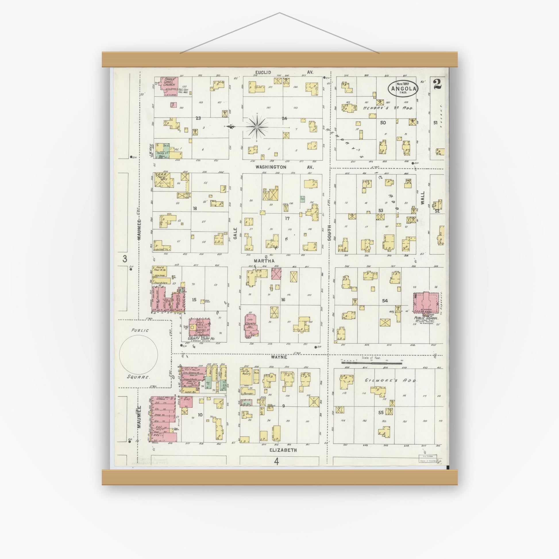 Old map wall art mockup — magnetic wood frame on white wall — Sanborn Fire Insurance Map from Angola, Steuben County, Indiana (1897), Sheet #0002