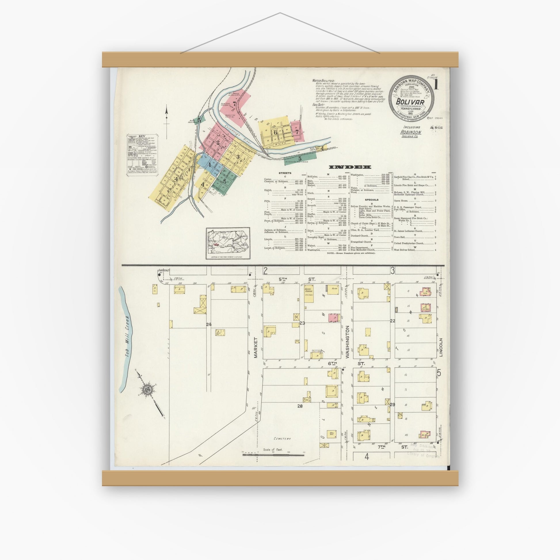 Old map wall art mockup — magnetic wood frame on white wall — Sanborn Fire Insurance Map from Bolivar, Westmoreland County, Pennsylvania (1915) - Complete Map Set