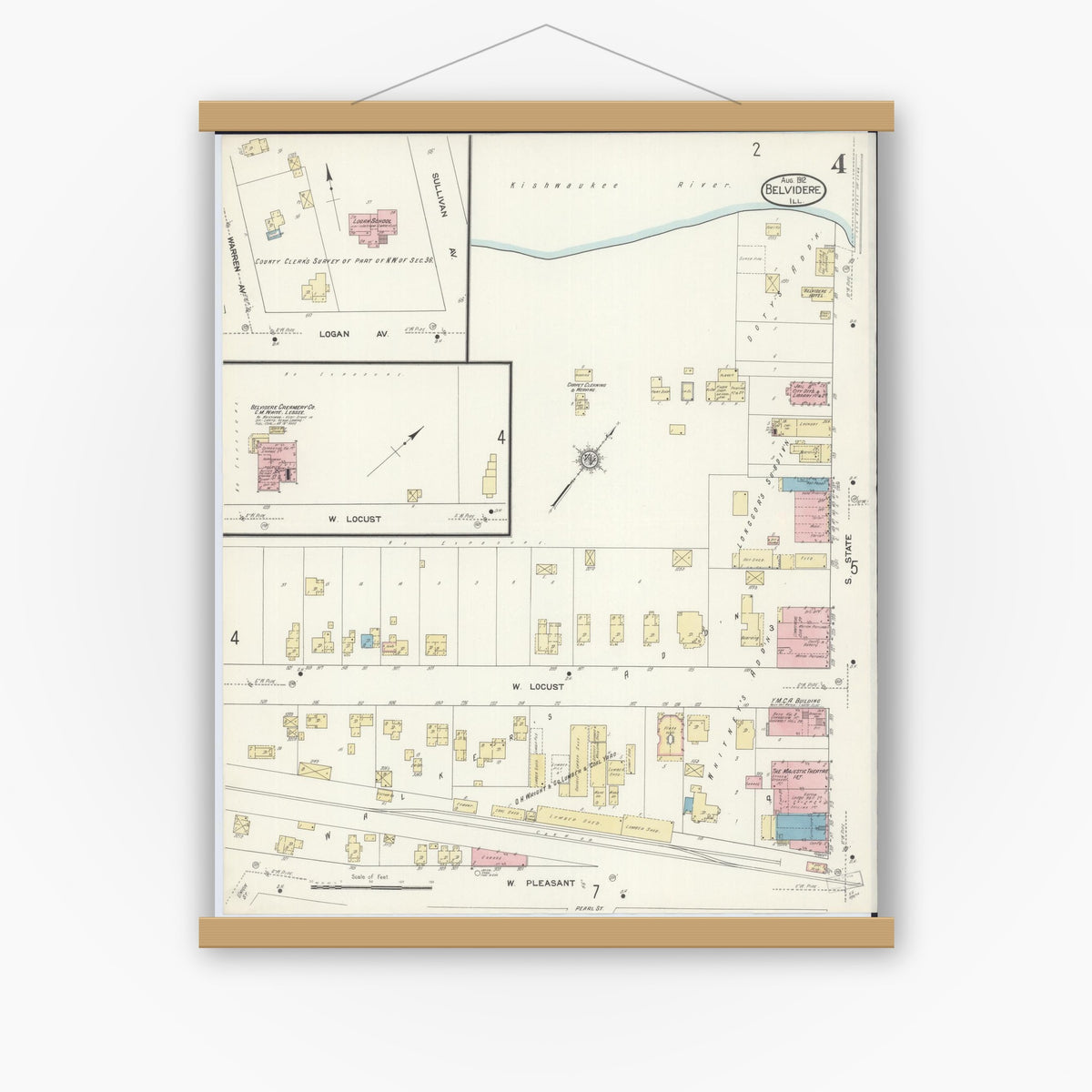 Old map wall art mockup — magnetic wood frame on white wall — Sanborn Fire Insurance Map from Belvidere, Boone County, Illinois (1912), Sheet #0004