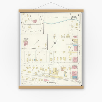 Old map wall art mockup — magnetic wood frame on white wall — Sanborn Fire Insurance Map from Belvidere, Boone County, Illinois (1912), Sheet #0004