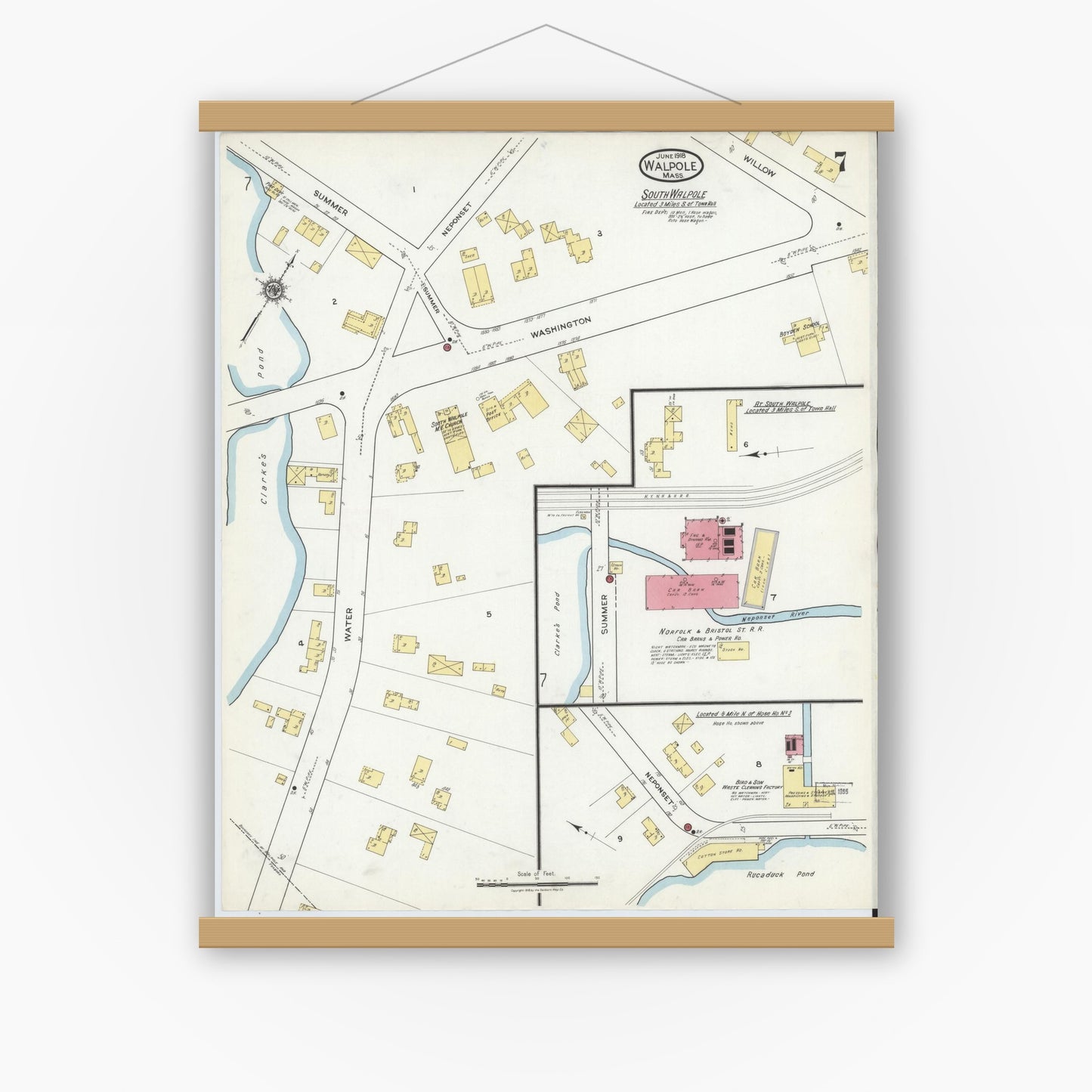 Old map wall art mockup — magnetic wood frame on white wall — Sanborn Fire Insurance Map from Walpole, Norfolk County, Massachusetts (1918), Sheet #0007