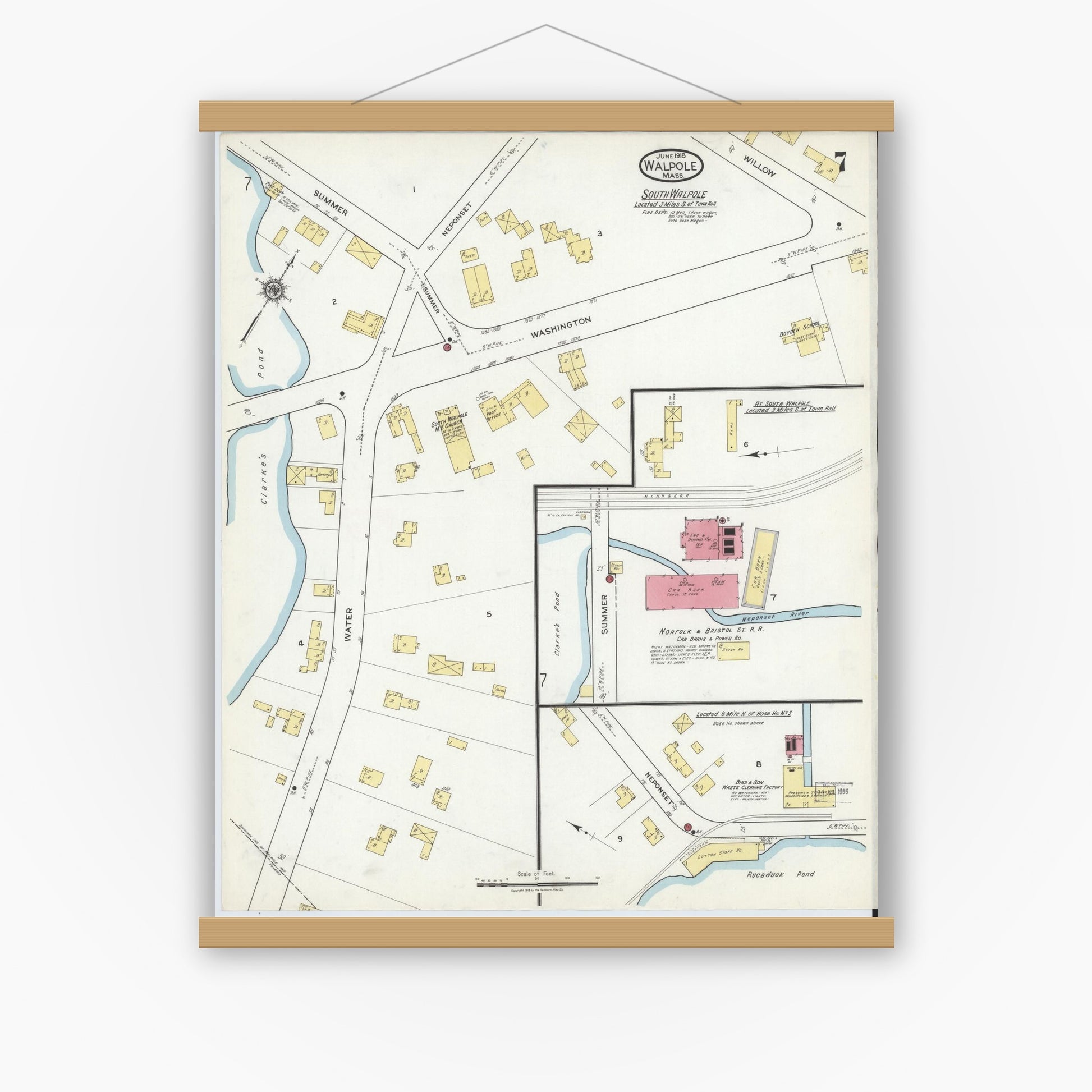 Old map wall art mockup — magnetic wood frame on white wall — Sanborn Fire Insurance Map from Walpole, Norfolk County, Massachusetts (1918), Sheet #0007
