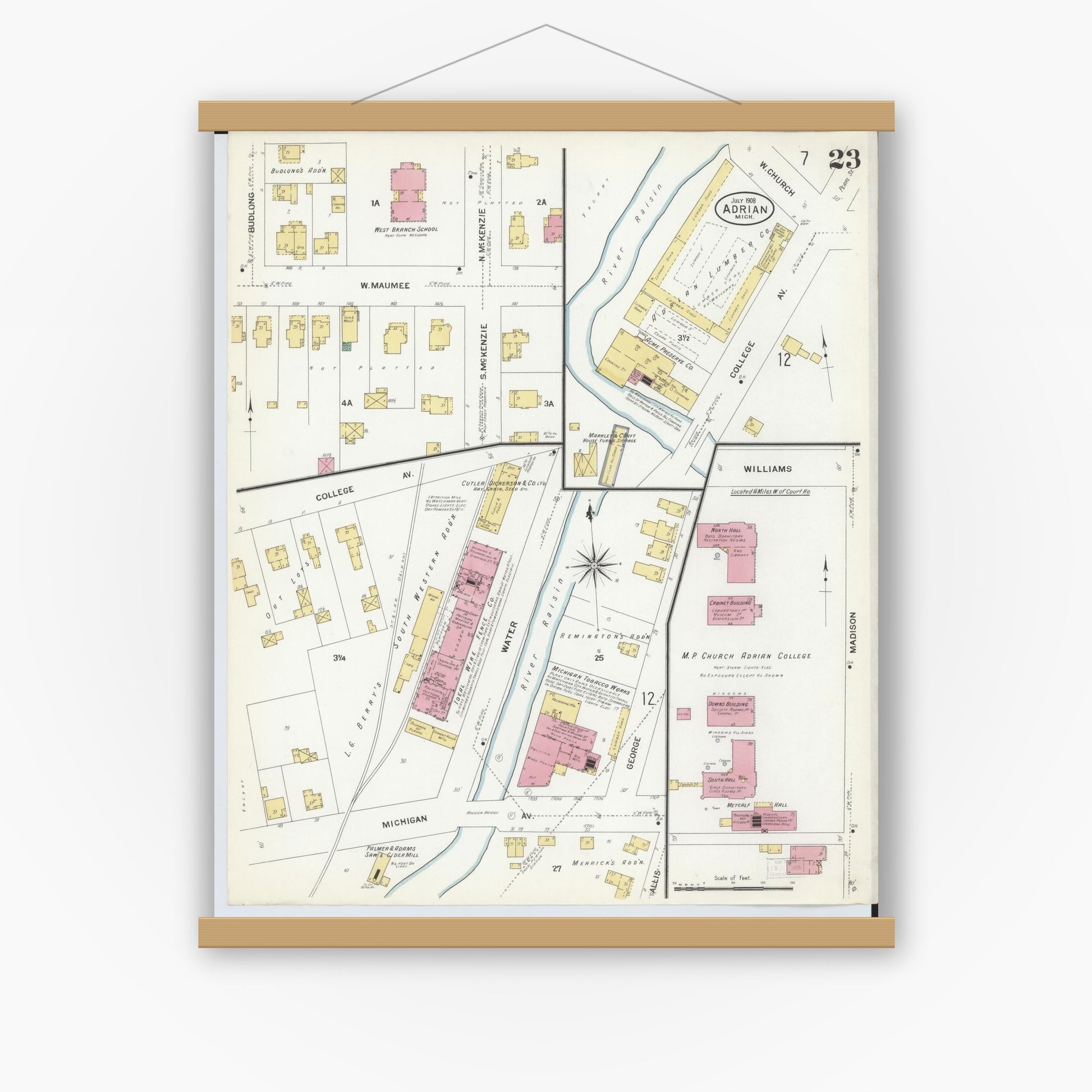 Old map wall art mockup — magnetic wood frame on white wall — Sanborn Fire Insurance Map from Adrian, Lenawee County, Michigan (1908), Sheet #0023