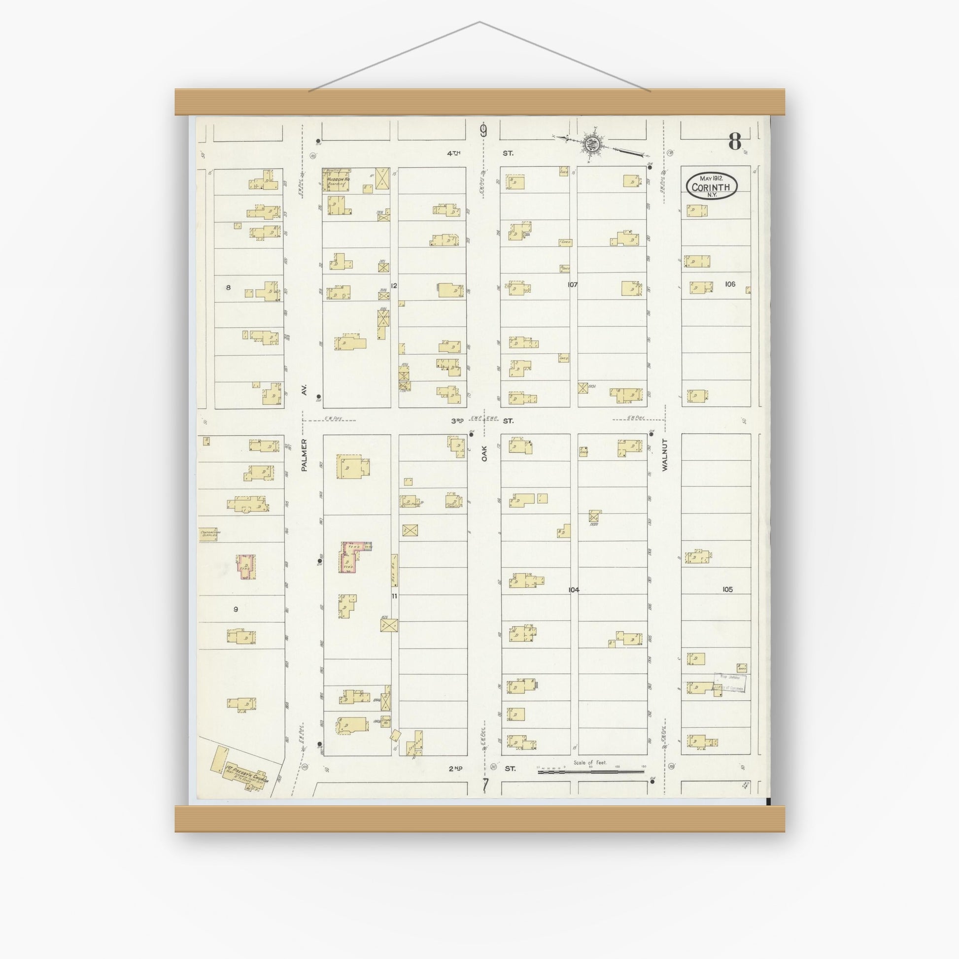 Old map wall art mockup — magnetic wood frame on white wall — Sanborn Fire Insurance Map from Corinth, Saratoga County, New York (1912), Sheet #0008