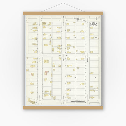Old map wall art mockup — magnetic wood frame on white wall — Sanborn Fire Insurance Map from Corinth, Saratoga County, New York (1912), Sheet #0008