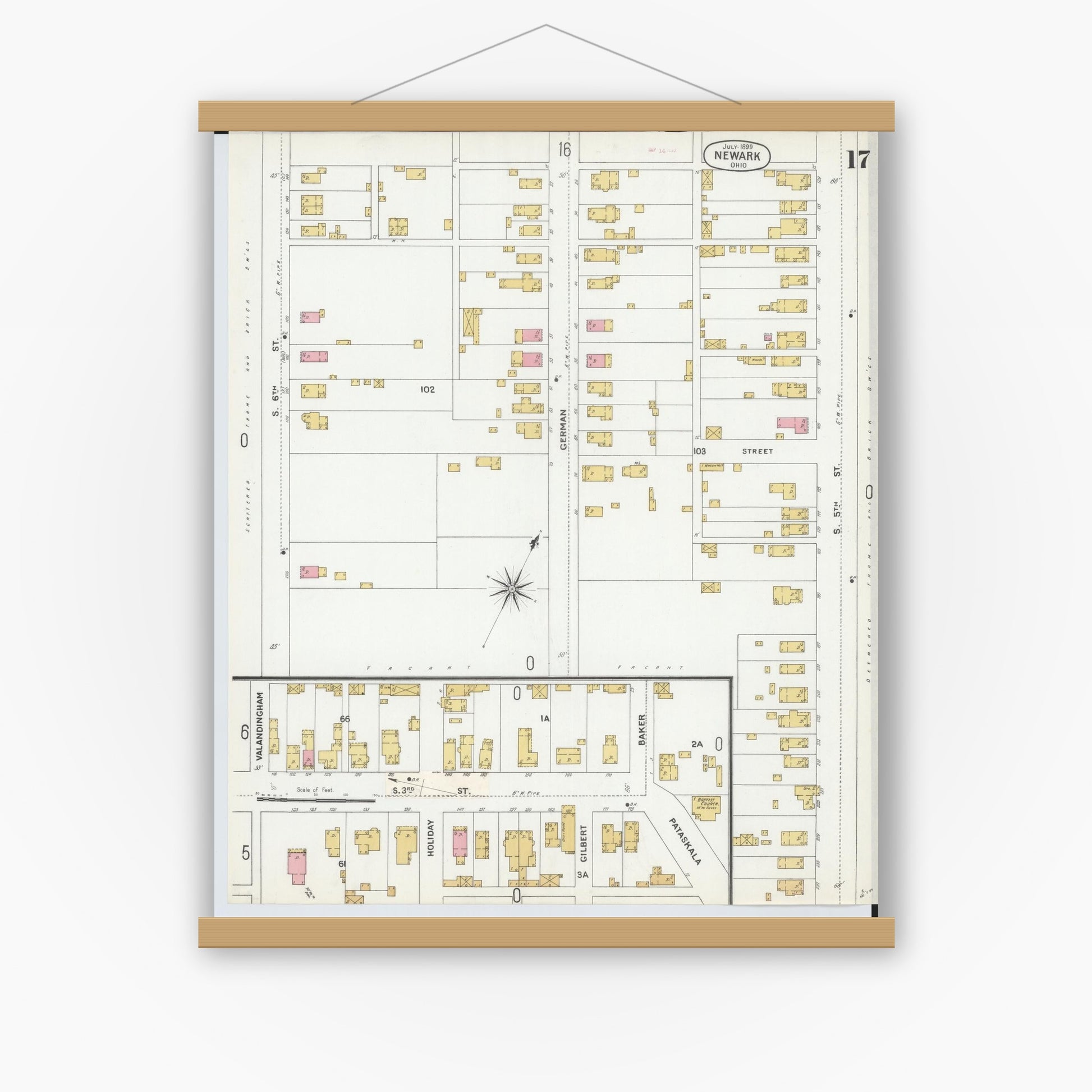 Old map wall art mockup — magnetic wood frame on white wall — Sanborn Fire Insurance Map from Newark, Licking County, Ohio (1899), Sheet #0017