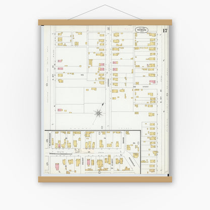 Old map wall art mockup — magnetic wood frame on white wall — Sanborn Fire Insurance Map from Newark, Licking County, Ohio (1899), Sheet #0017