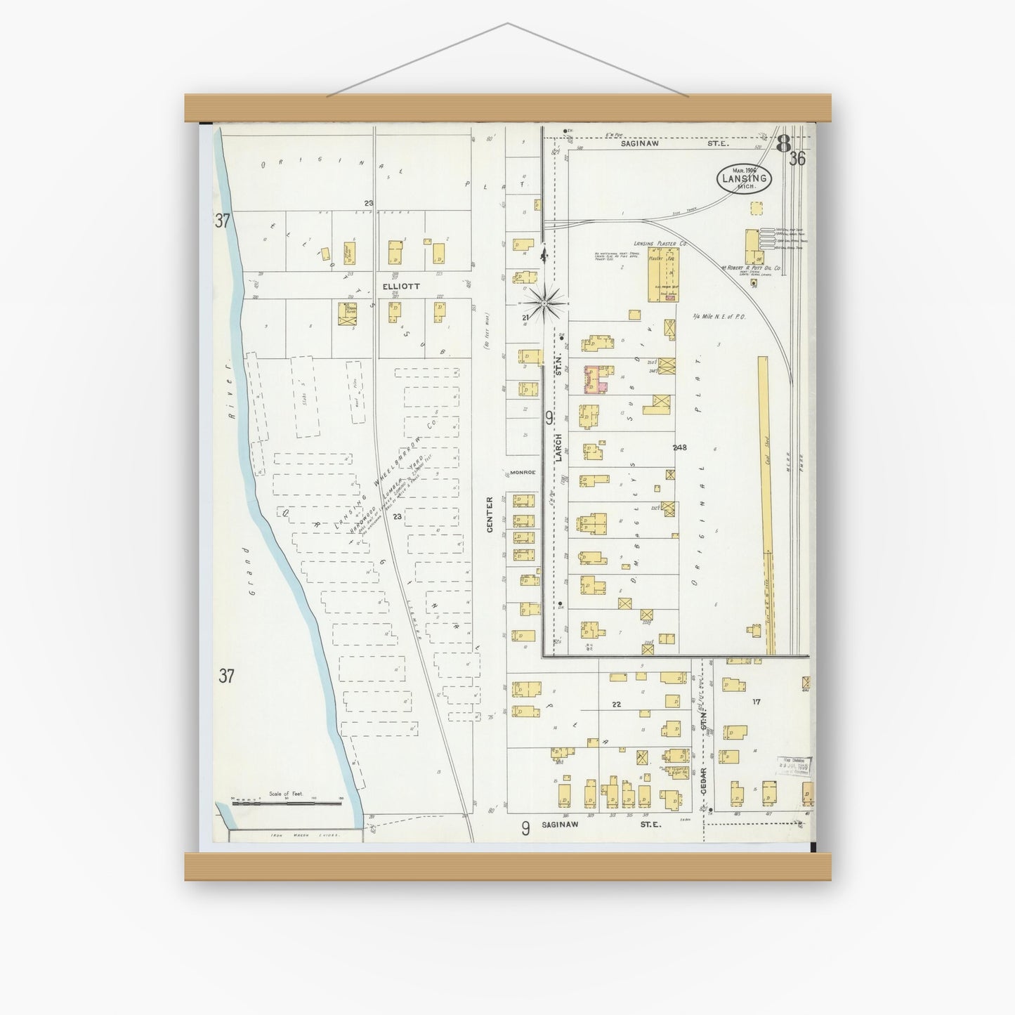 Old map wall art mockup — magnetic wood frame on white wall — Sanborn Fire Insurance Map from Lansing, Ingham County, Michigan (1906), Sheet #0008